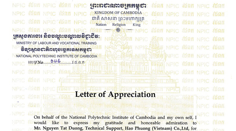 Hạo Phương nhận thư cám ơn từ phía học viện tại Cambodia