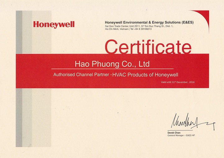 Chứng nhận Hạo Phương nhà phân phối HVAC Honeywell