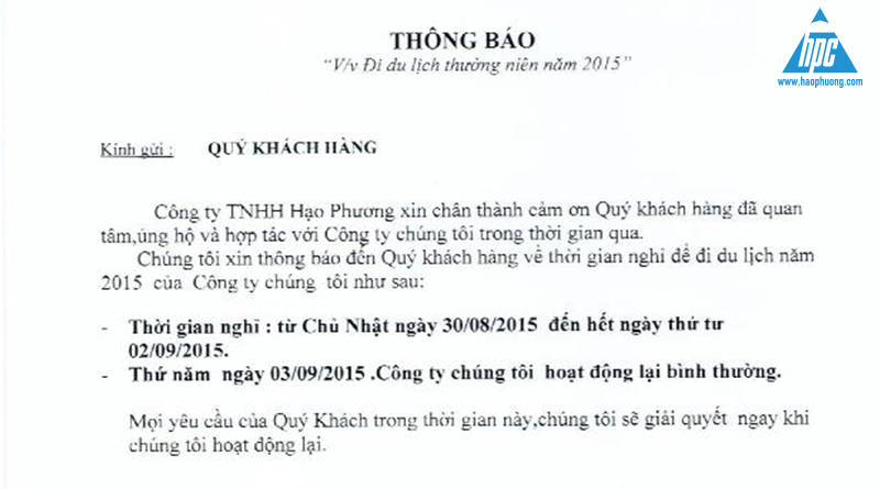 Hạo Phương thông báo lịch nghỉ lễ 2-9-2015