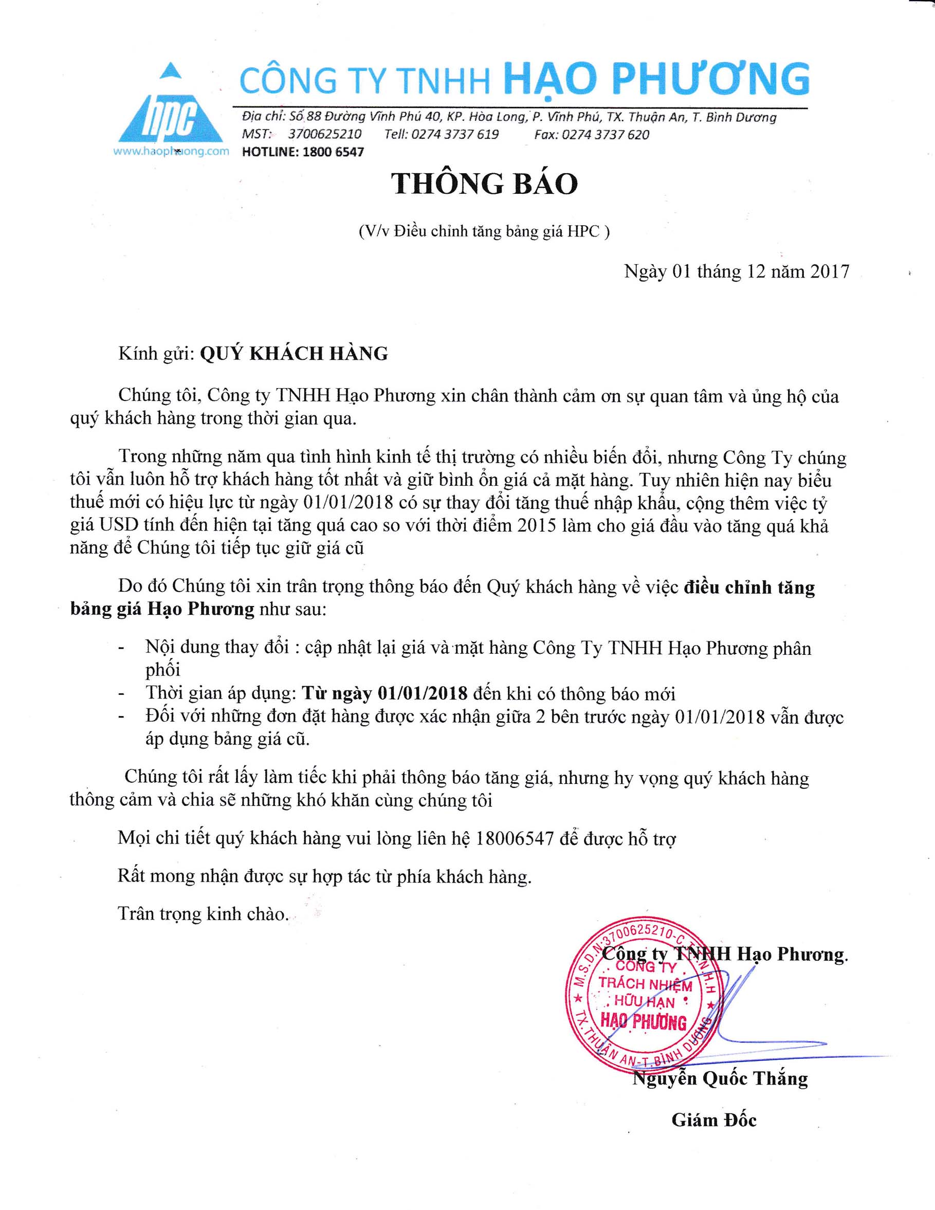 thông báo điều chỉnh bảng giá