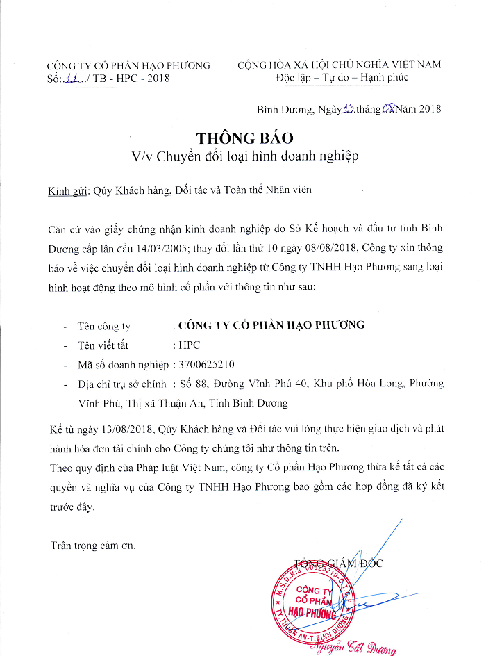 Thông báo công ty Hạo Phương chuyển đổi loại hình doanh nghiệp từ TNHH sang cổ phần