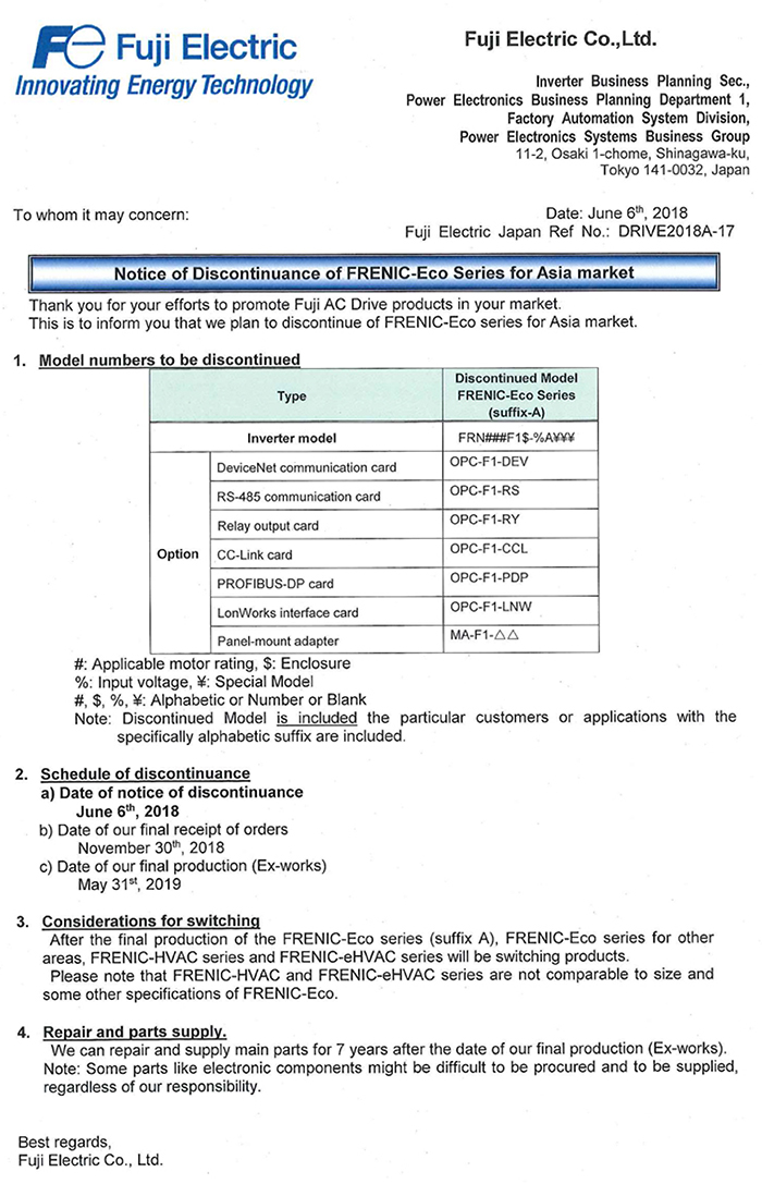 thông báo ngừng sản xuất biến tần FRENIC – Eco series