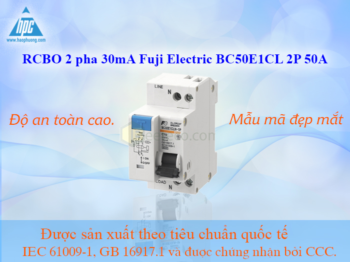 RCBO 2 pha 30mA Fuji Electric BC50E1CL 2P 50A