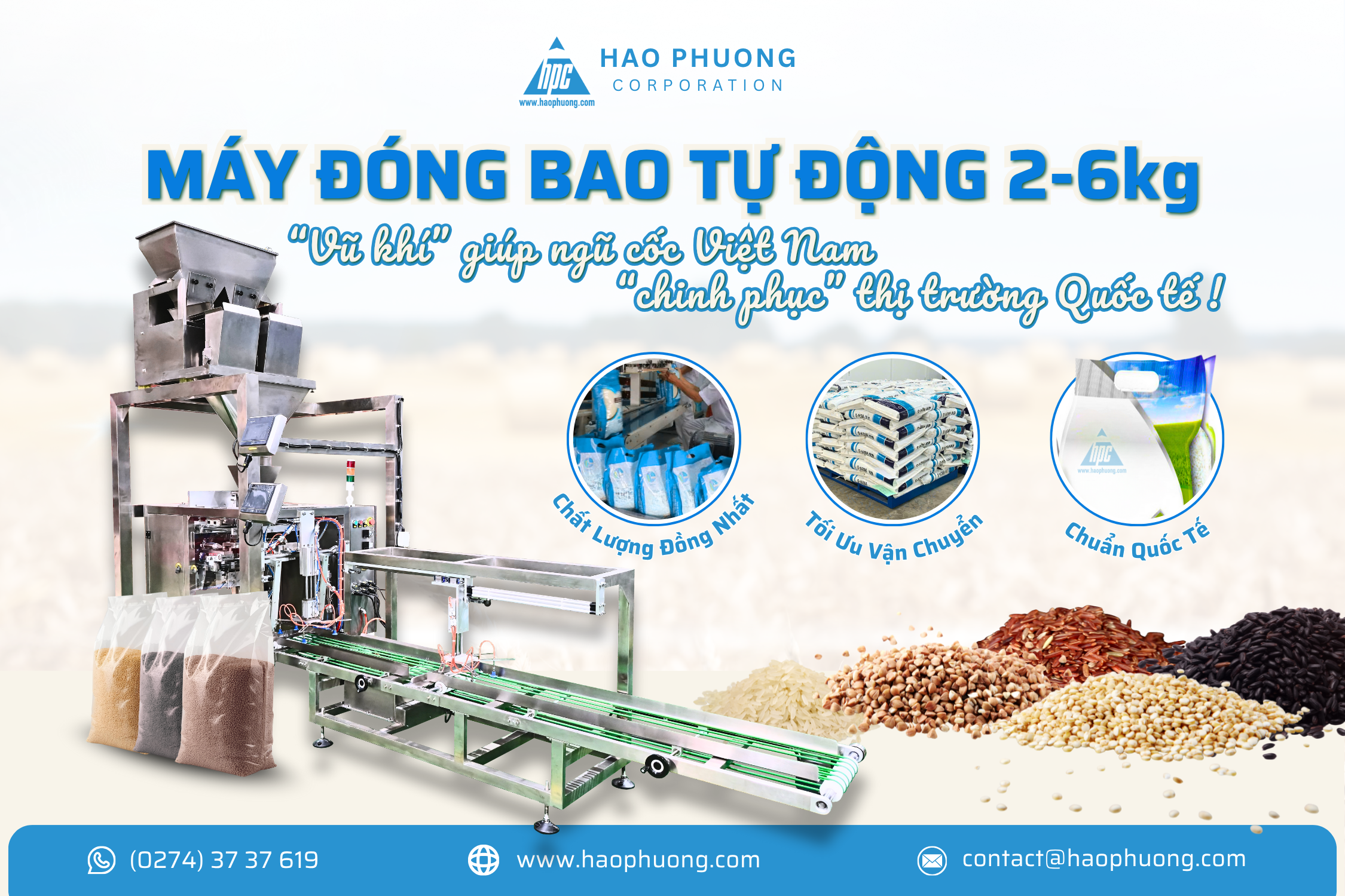 MÁY ĐÓNG BAO TỰ ĐỘNG 2-6KG GIÚP ĐẬU & NGŨ CỐC VIỆT NAM CHINH PHỤC THỊ TRƯỜNG QUỐC TẾ
