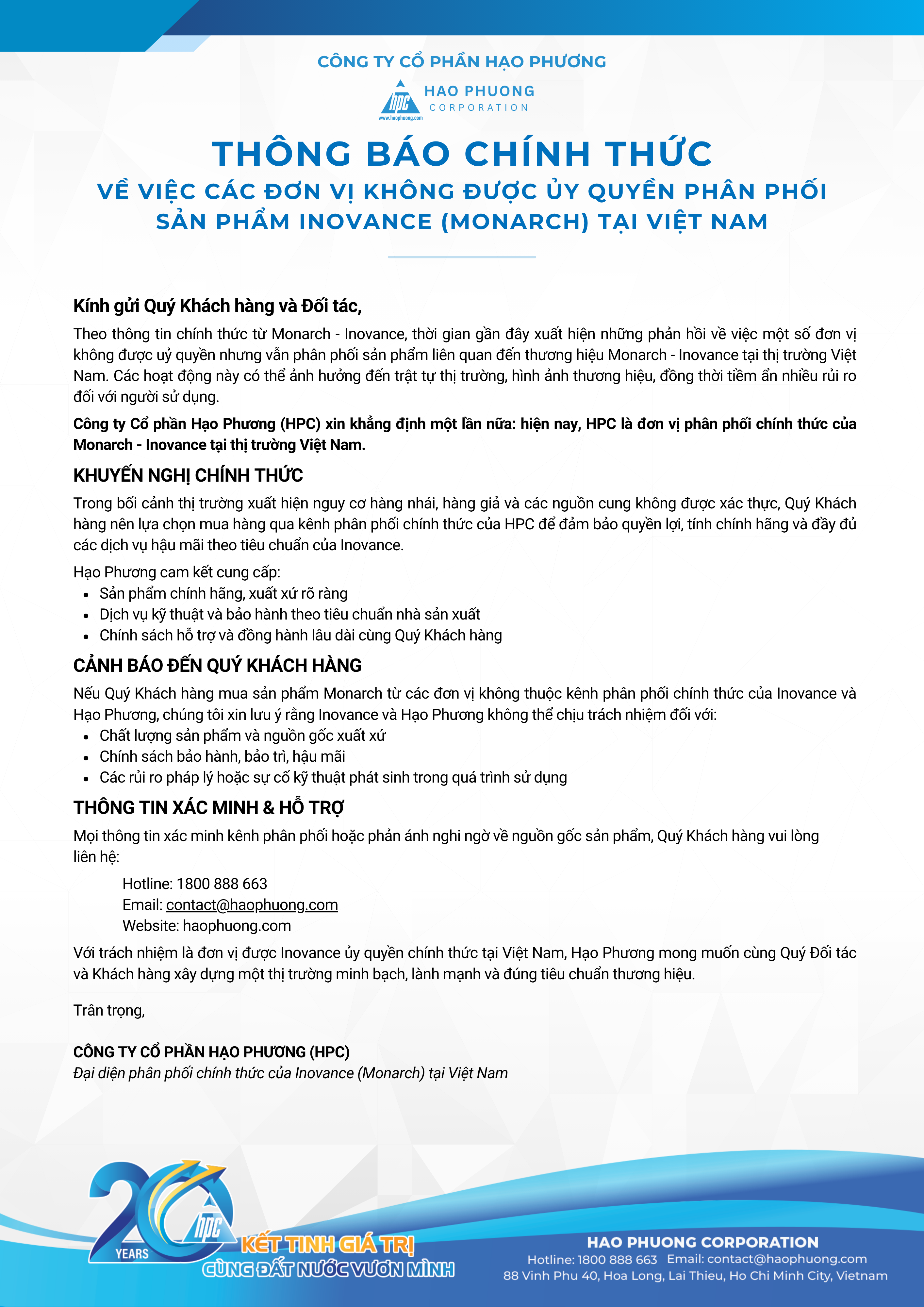 THÔNG BÁO CHÍNH THỨC V/v CÁC ĐƠN VỊ KHÔNG ĐƯỢC ỦY QUYỀN PHÂN PHỐI SẢN PHẨM INOVANCE (MONARCH) TẠI VIỆT NAM