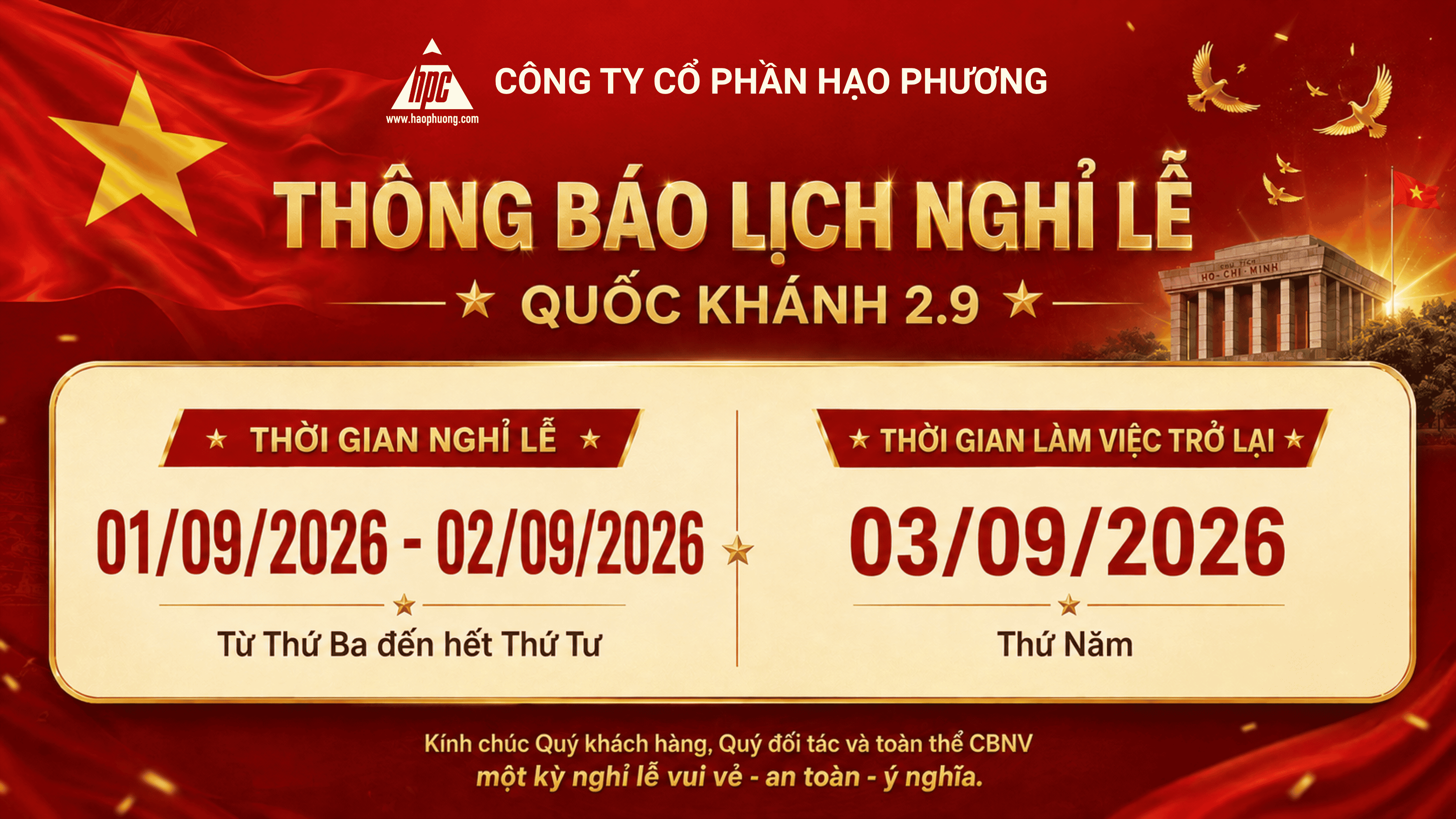 THÔNG BÁO LỊCH NGHỈ LỄ QUỐC KHÁNH 2/9